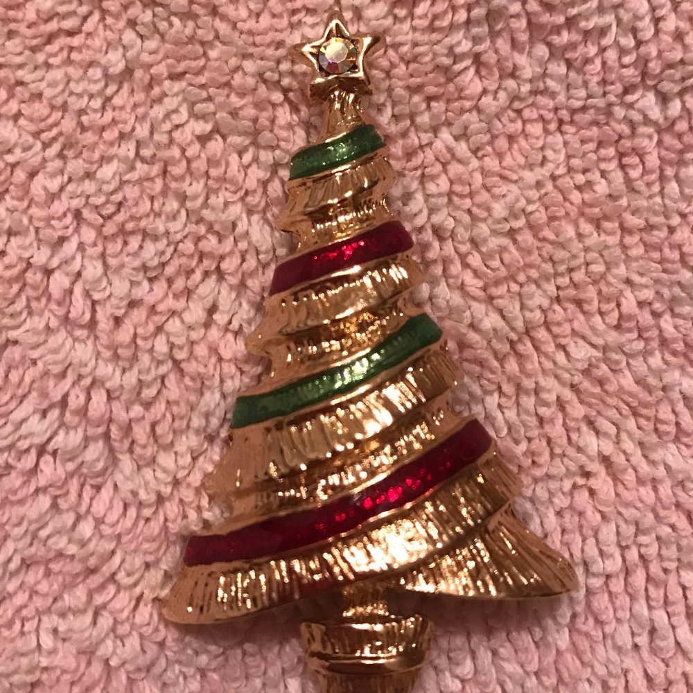 CHRISTMAS VTG Christmas Tree Gold Tone w/Red+Green